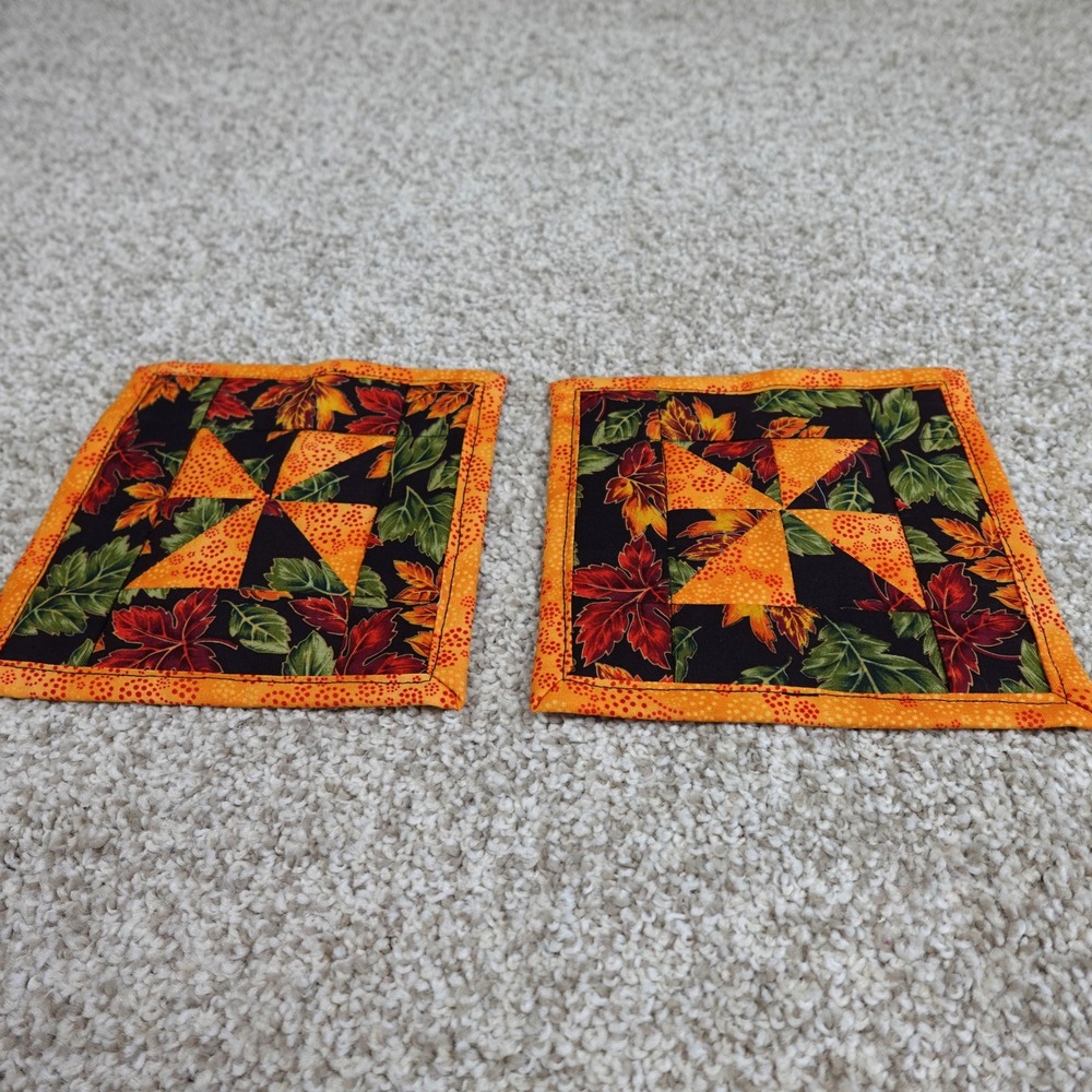 Handmade Quilted Mug Rug Set 2 Dark Fall Leaves Pinwheel Cotton Coasters 6.5in